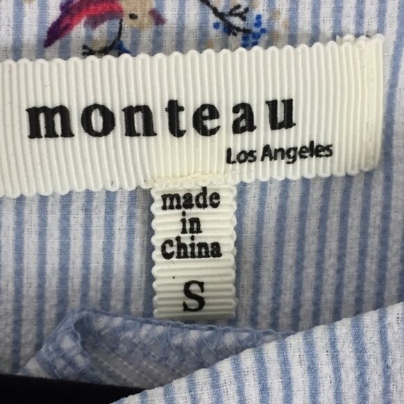 Monteau Los Angeles Top Sz Small Bird Pattern Pleated Cap Sleeve Keyhole Back - Picture 6 of 10